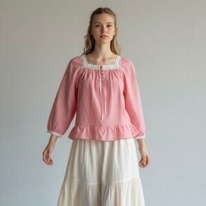 Womens Vintage Style CottageCore Peasant Blouse White Red Stripes Small